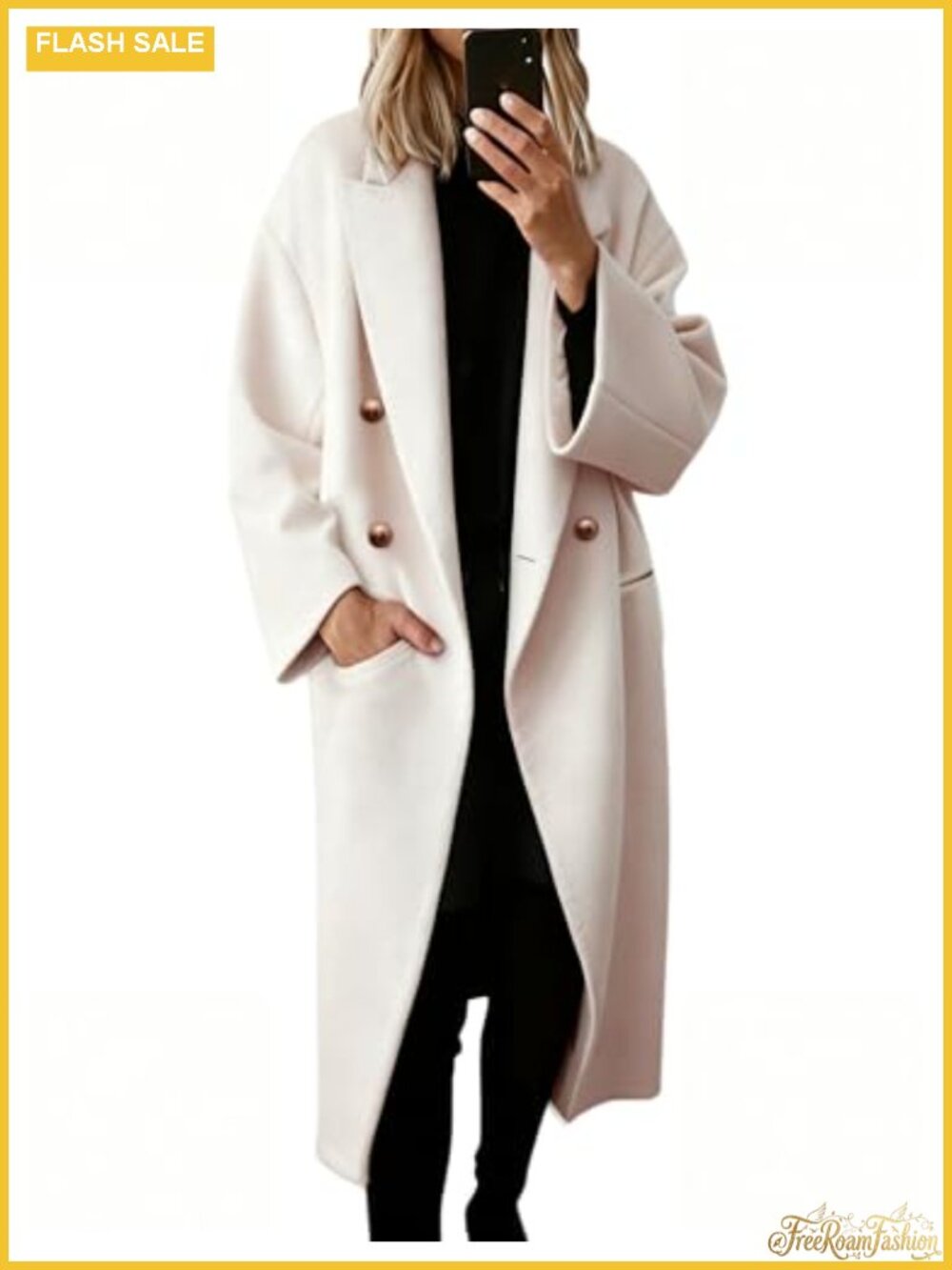 Wool Blend Double Breasted Trench Coat Notch Lapel Long Sleeve Winter